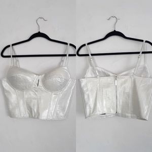 Say What white and silver faux leather bustier top size large New with t…